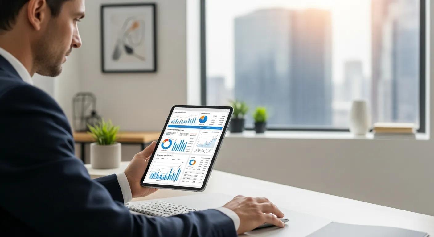 A business professional intently analyzing transaction fee data on a tablet within a contemporary office environment.