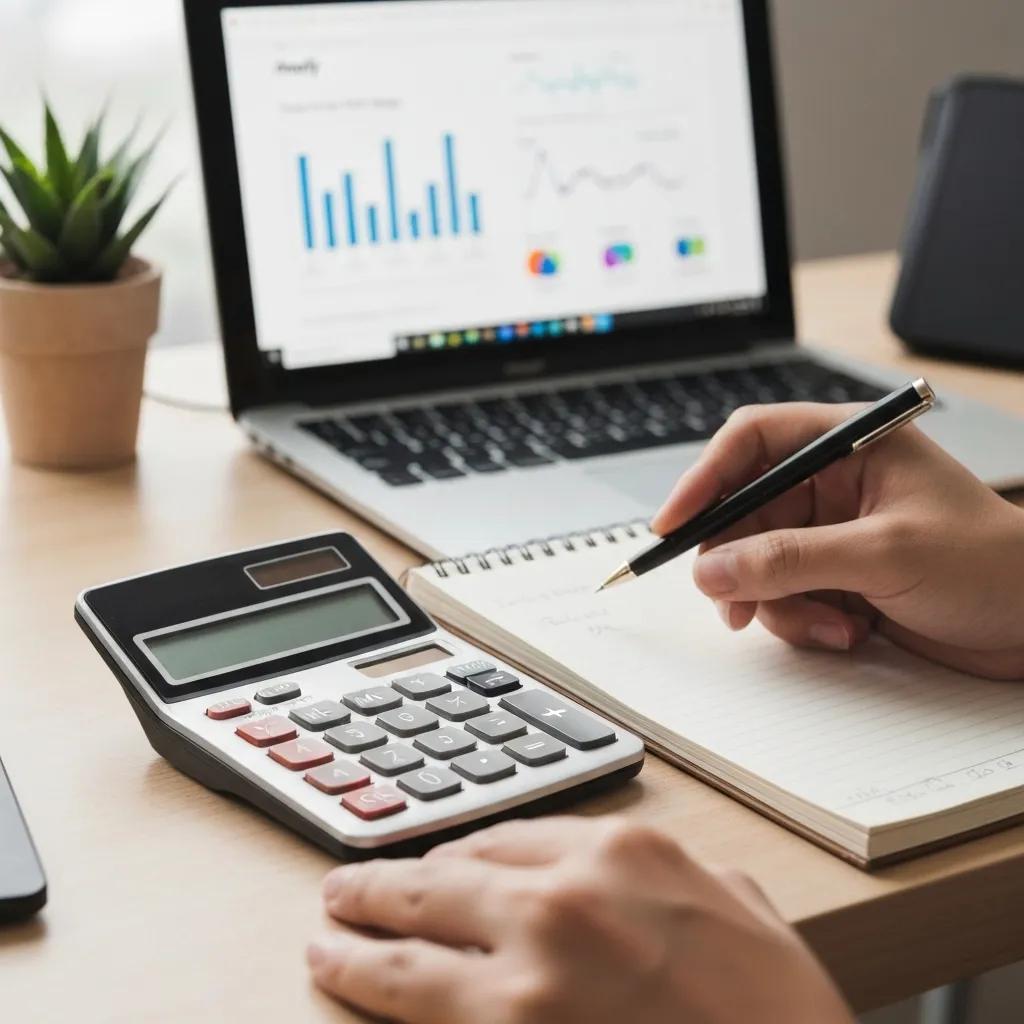 A meticulous analyst calculating ROAS with a calculator and detailed notes, highlighting the precision in Shopify ad management