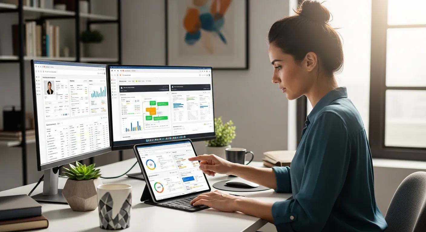 An e-commerce entrepreneur expertly managing automated tasks via a tablet