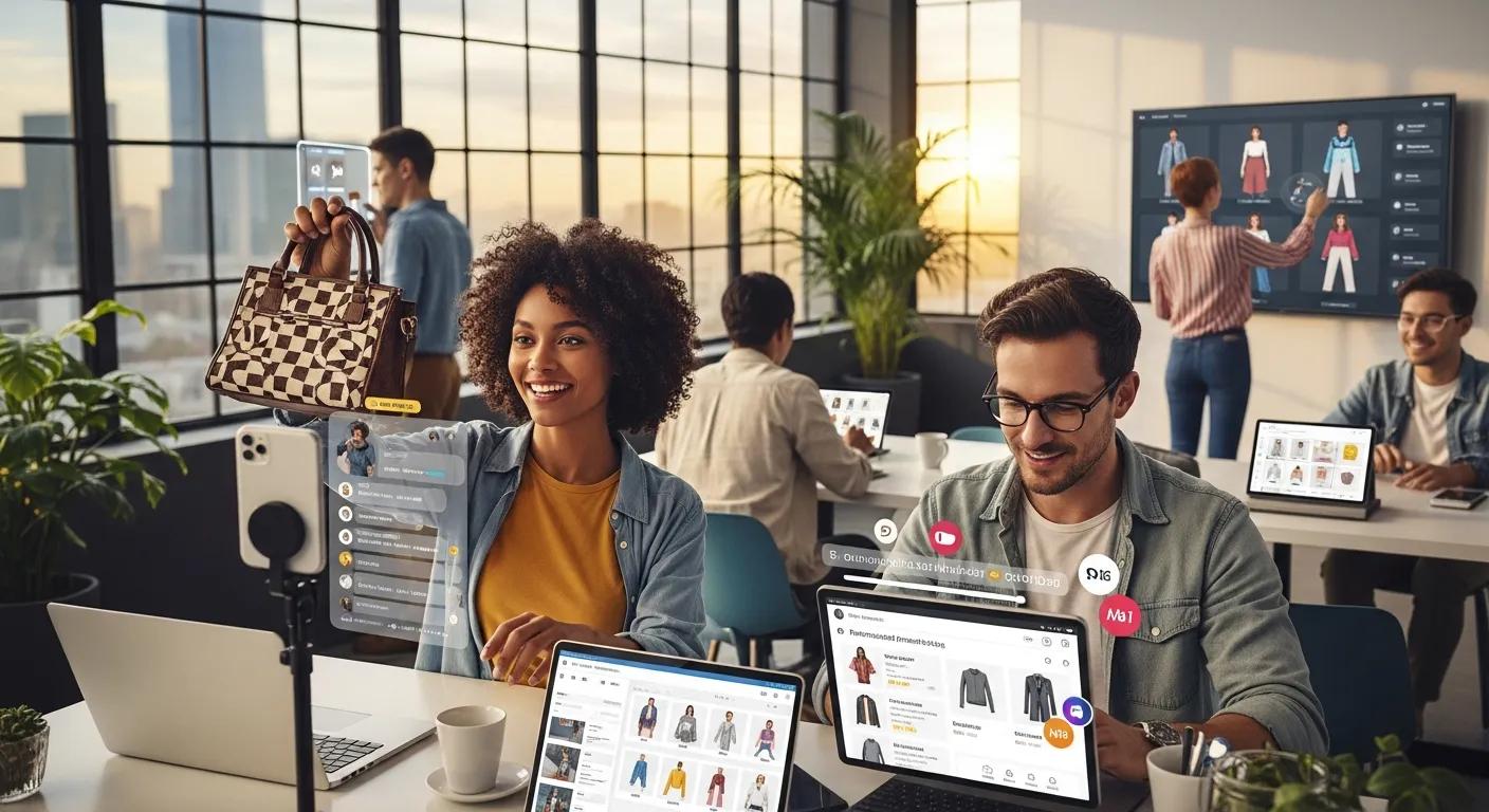 Diverse group engaging with social commerce trends like live shopping and personalized content