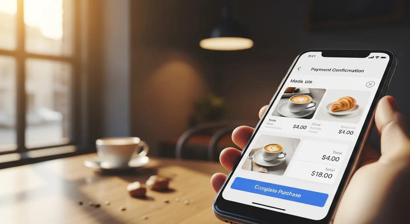 A close-up shot of a smartphone displaying a perfectly optimized mobile checkout process, set in a relaxed café environment