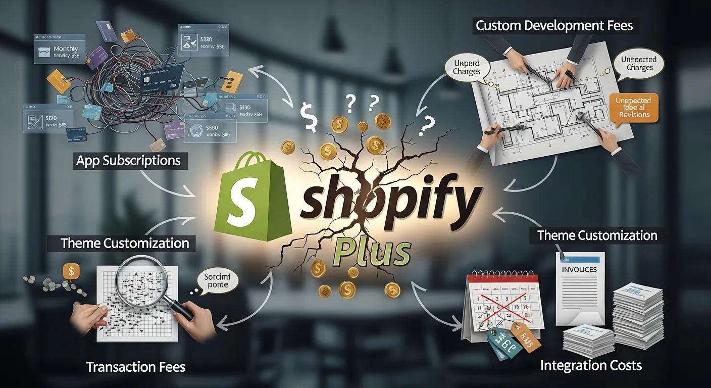 A visual representation highlighting potential hidden costs associated with Shopify Plus, such as app subscriptions and custom development fees