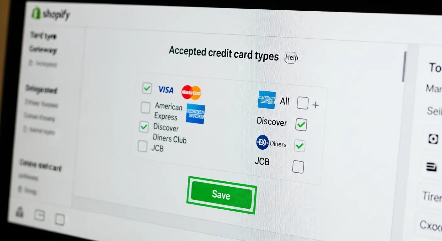 A close-up view of Shopify payment gateway settings, highlighting the configuration for accepted card types