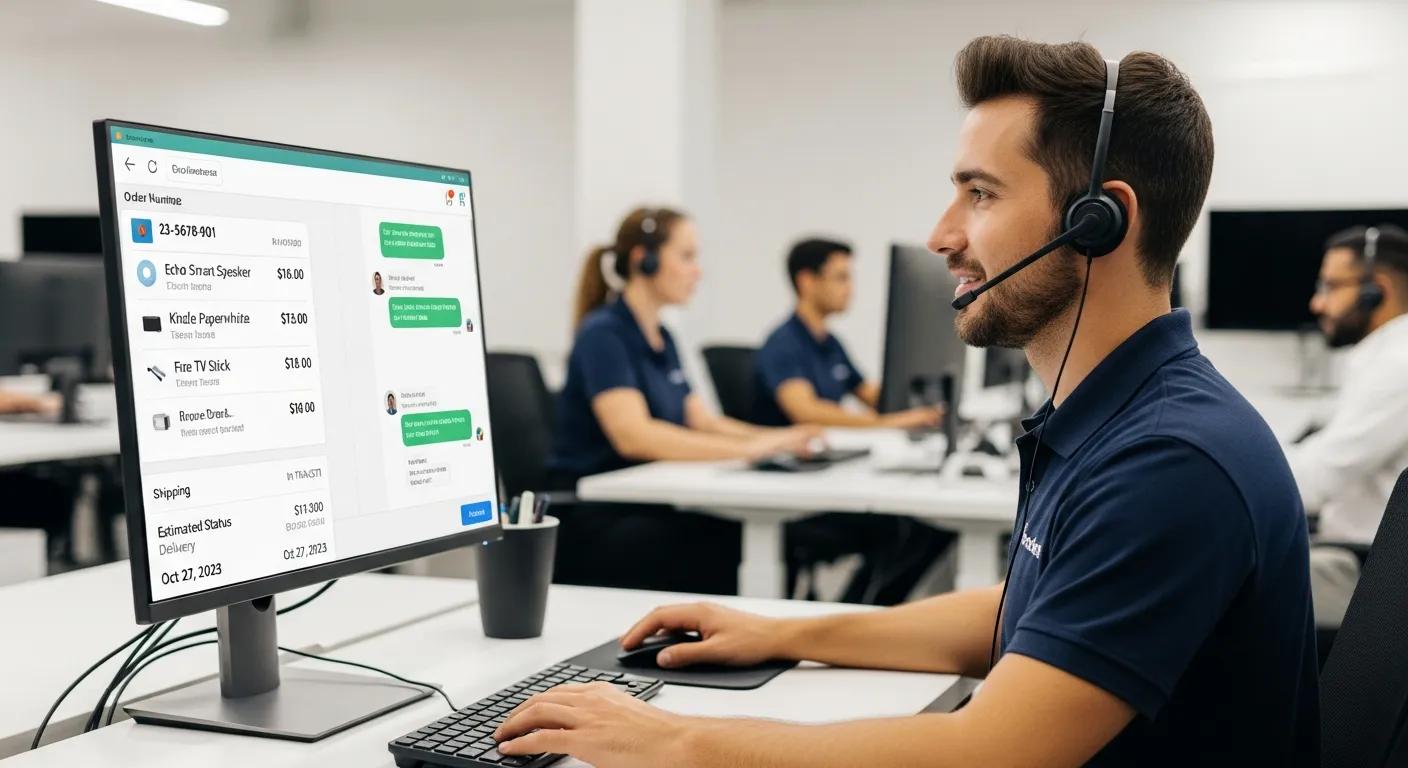 A customer service representative providing assistance via a chat interface, with relevant order details displayed