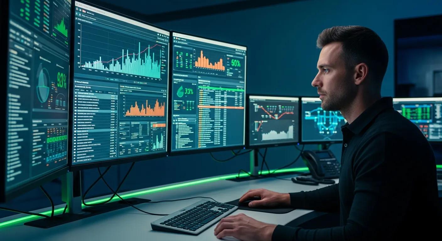 A technician intently monitoring website performance metrics in a sophisticated, high-tech control room, illustrating the power of proactive performance optimization