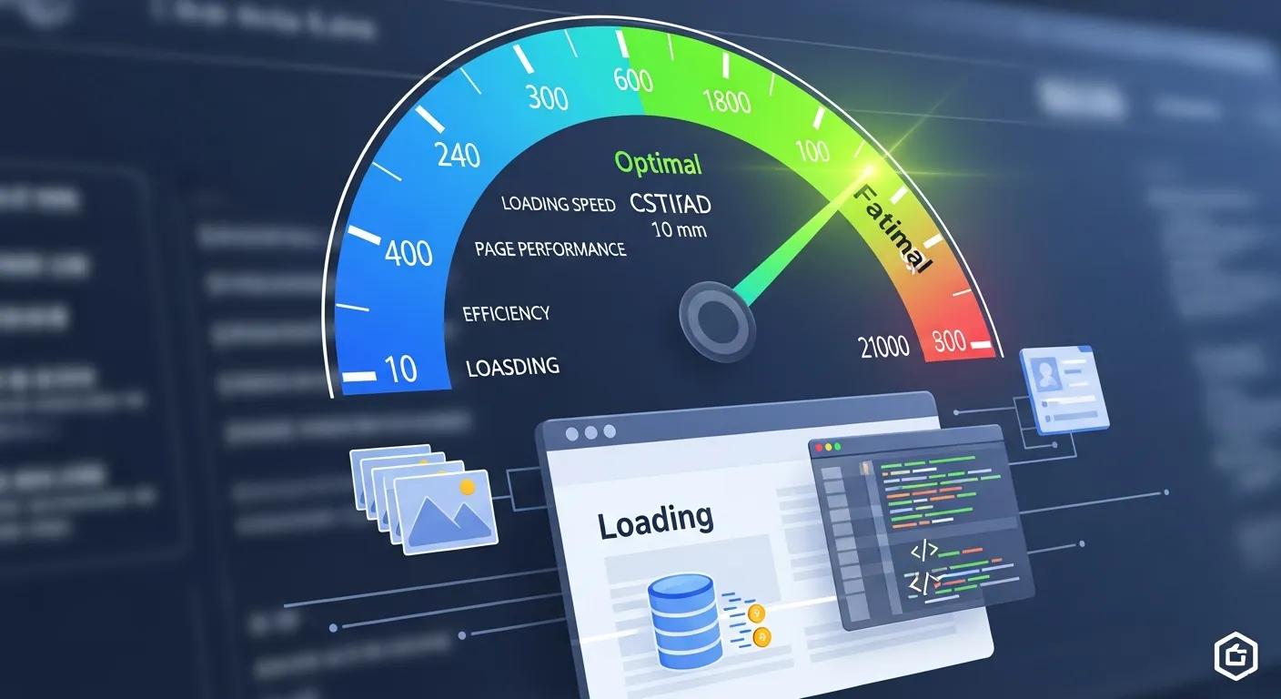 Speedometer graphic indicating rapid website performance with optimized web pages and assets