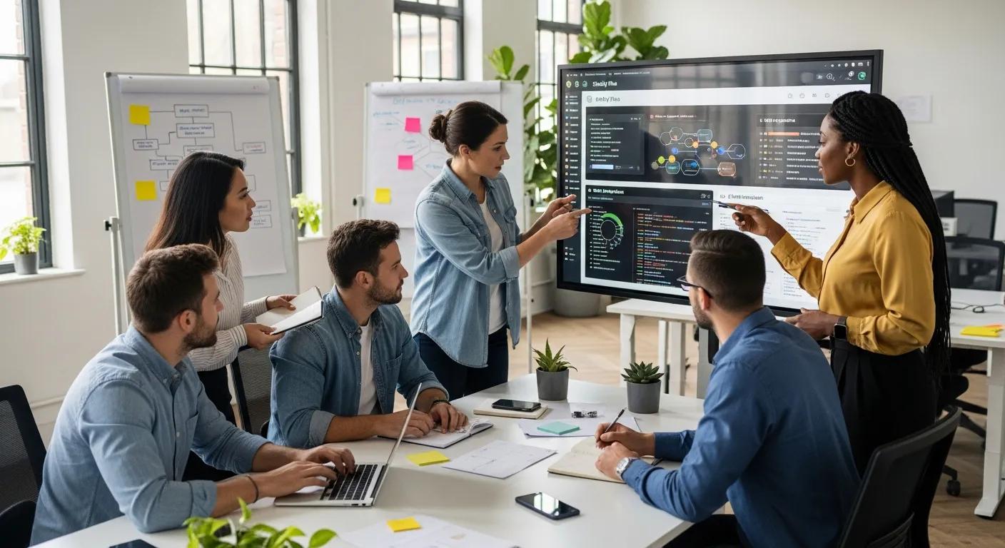 A dynamic team collaborating on a cutting-edge CRM integration with Shopify Plus within a modern, inspiring office environment