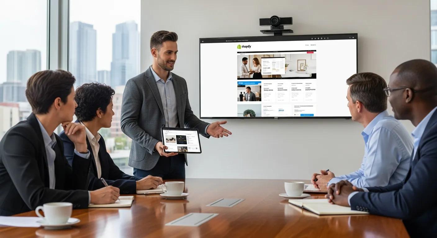 A strategic business meeting where a Shopify Plus partner presents bespoke e-commerce solutions