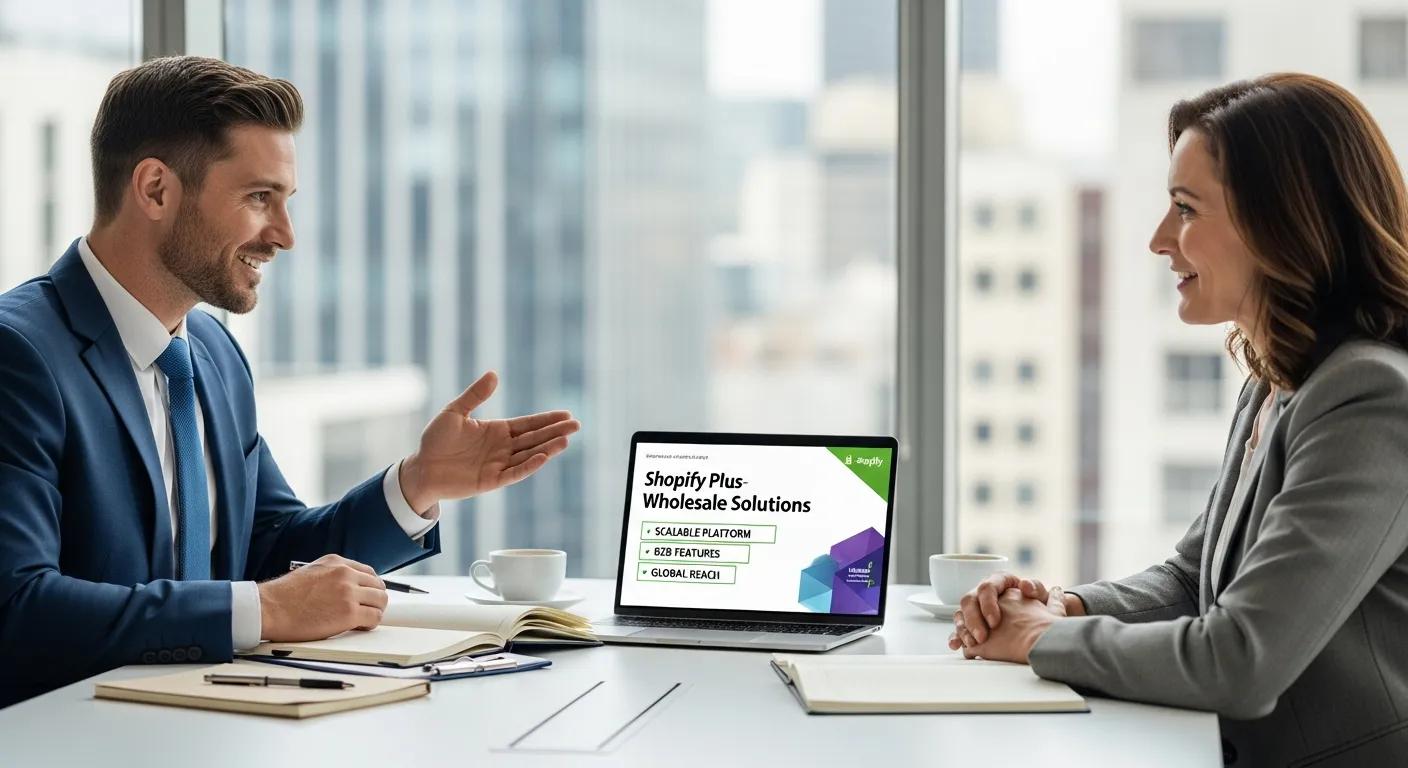A business owner engaged in a productive discussion with a client about B2B solutions, highlighting the robust wholesale capabilities of Shopify Plus.