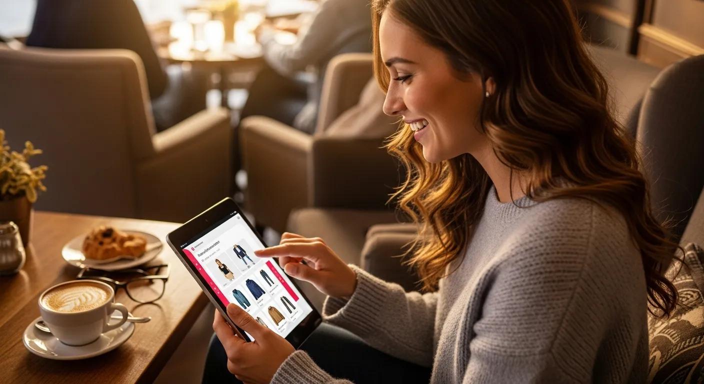 A delighted customer interacting with a personalized shopping experience on a tablet in a comfortable setting, emphasizing user delight