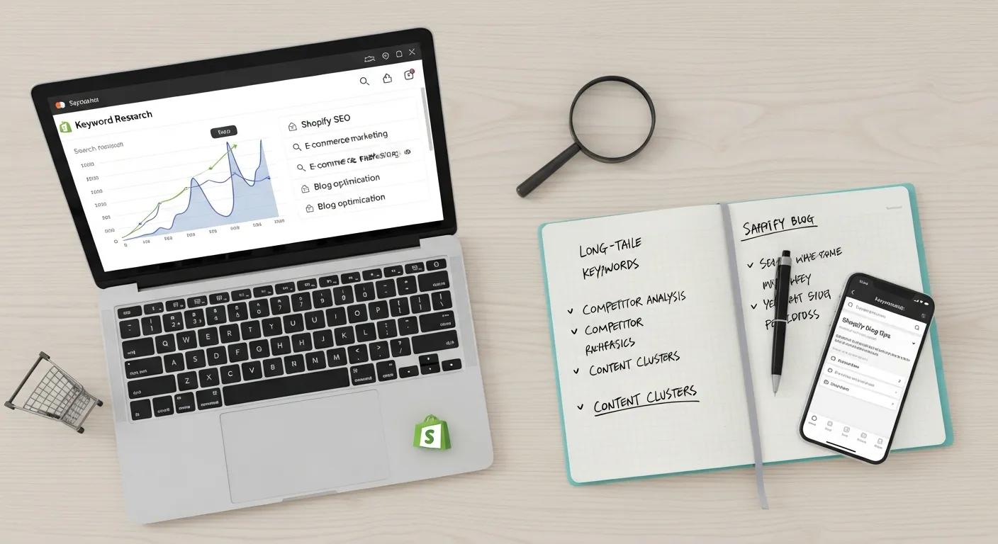 A flat lay showcasing essential keyword research tools: a laptop, notepad, and smartphone, symbolizing the process of optimizing Shopify blog content.