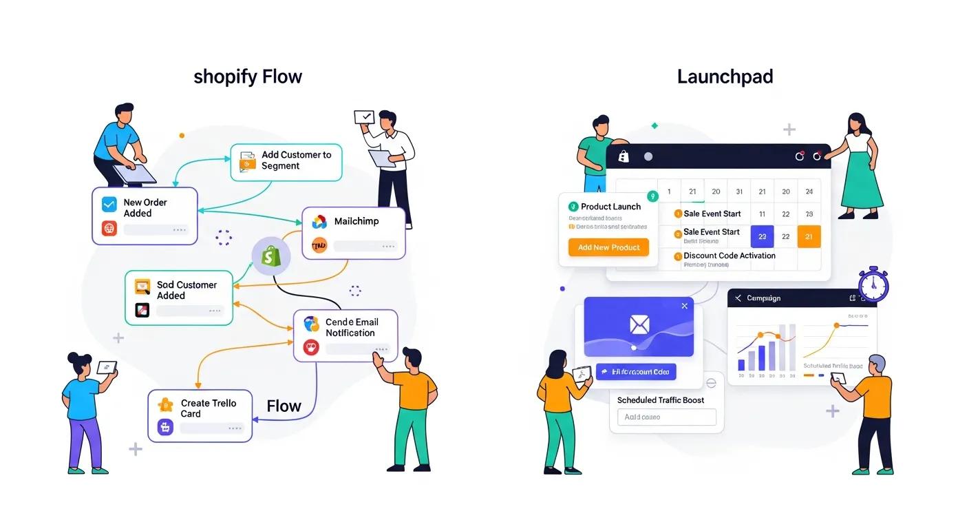 Illustration of e-commerce automation tools, featuring Shopify Flow and Launchpad functionalities
