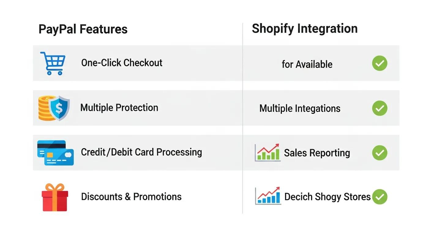 Comparison of key PayPal features available for Shopify stores with colorful icons