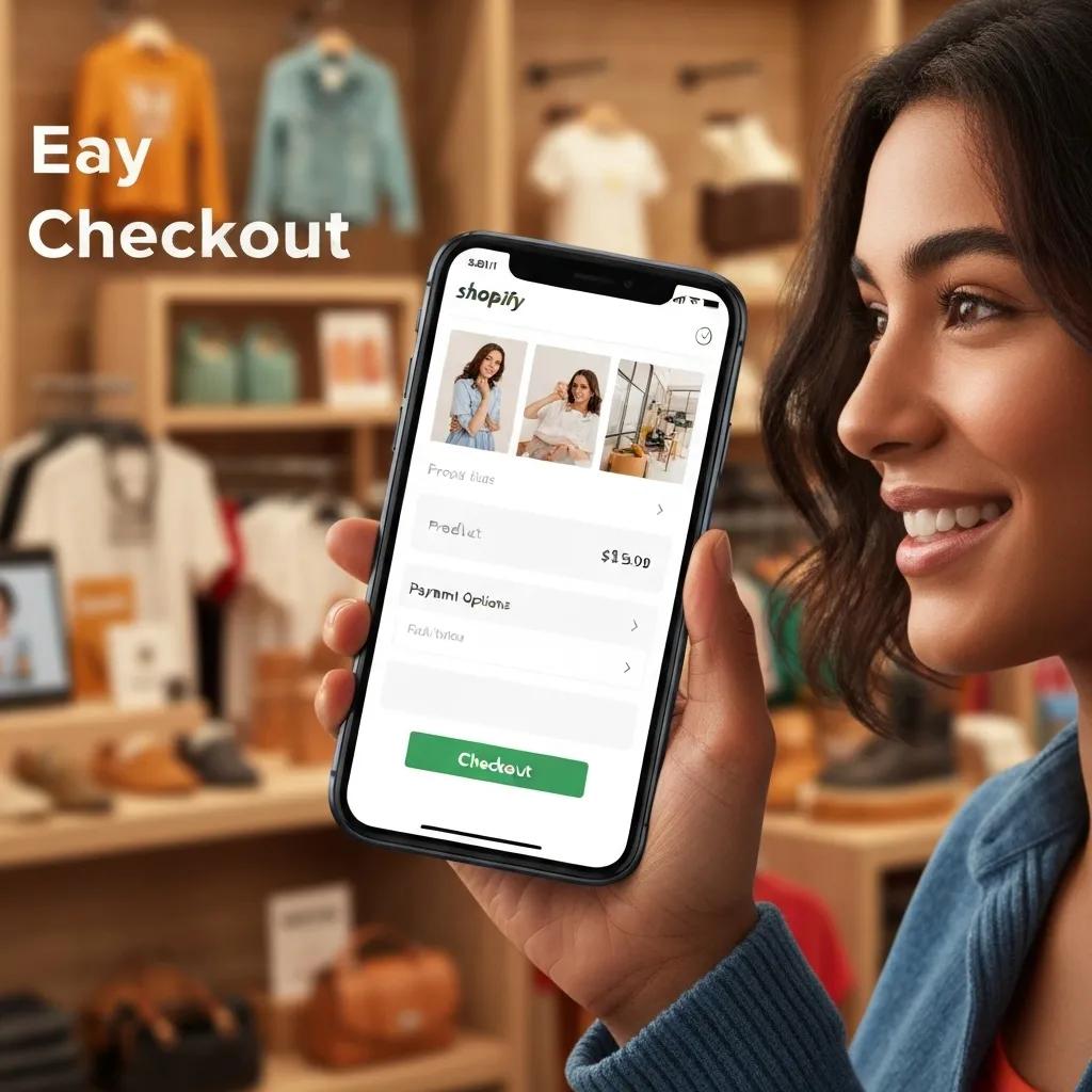 A sleek smartphone displaying an optimized Shopify checkout page, set against a backdrop of a modern shopping environment.