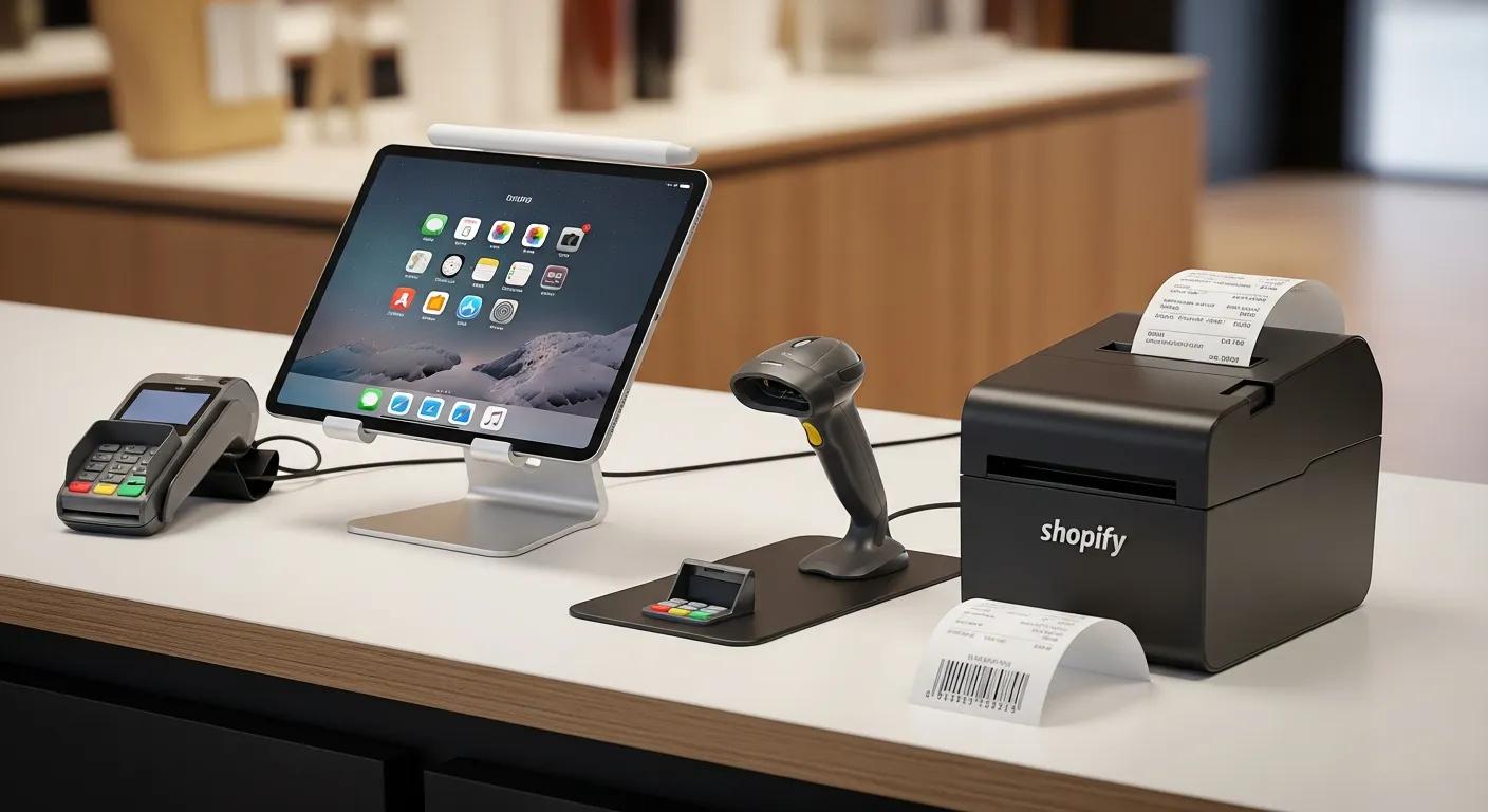 Shopify POS hardware kits displayed neatly on a retail counter