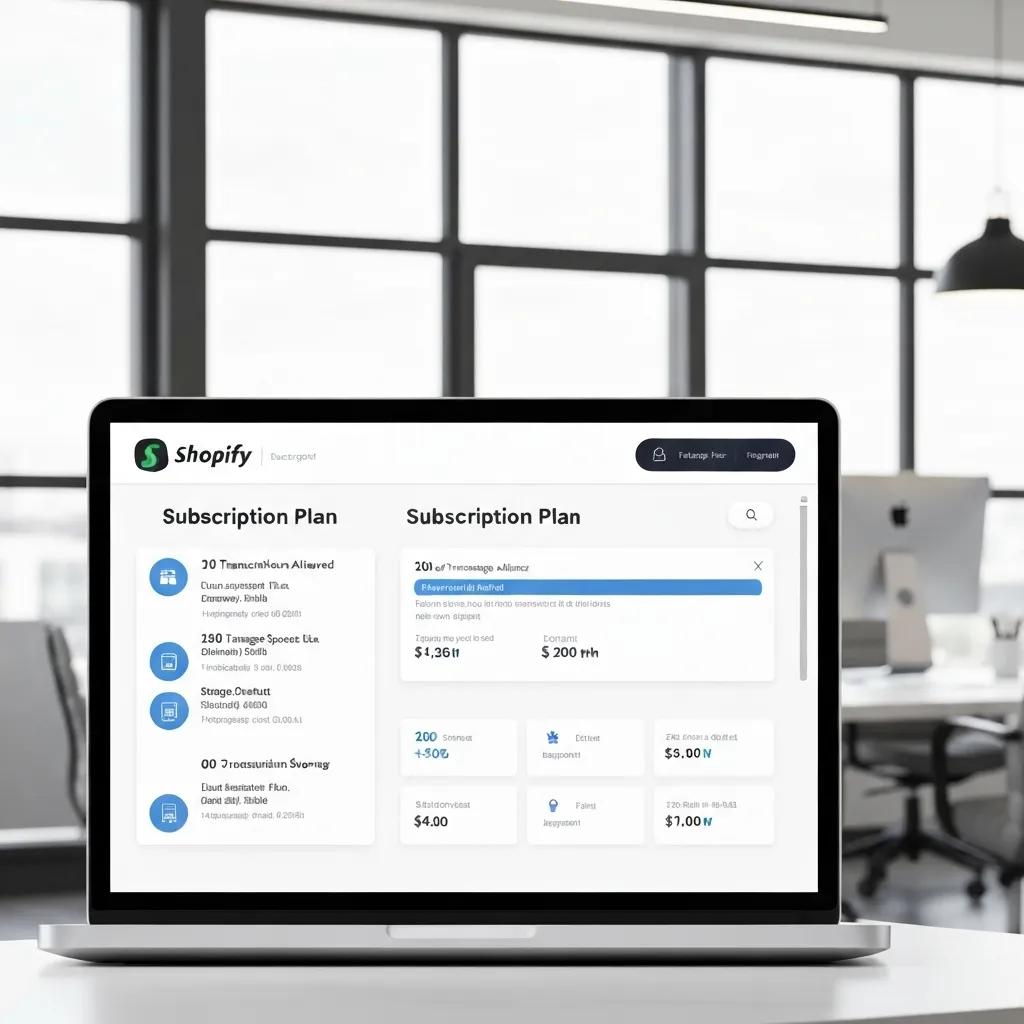 Close-up of a laptop screen showcasing Shopify subscription plans within a sleek, modern office environment