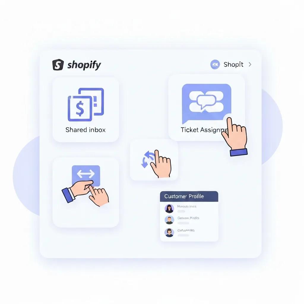 Visual representation of core features of a Shopify help desk including shared inbox and ticket assignment