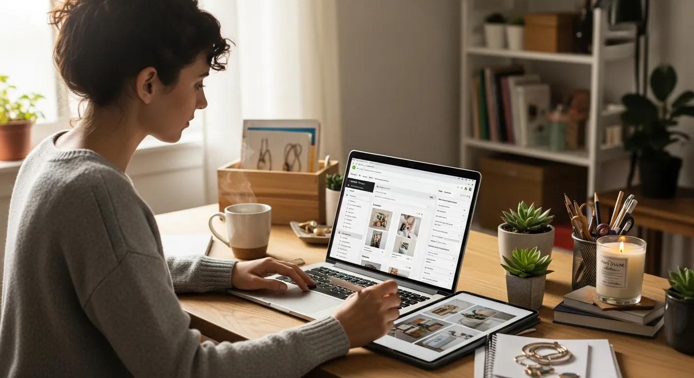 Small business owner managing online store on laptop with Shopify interface