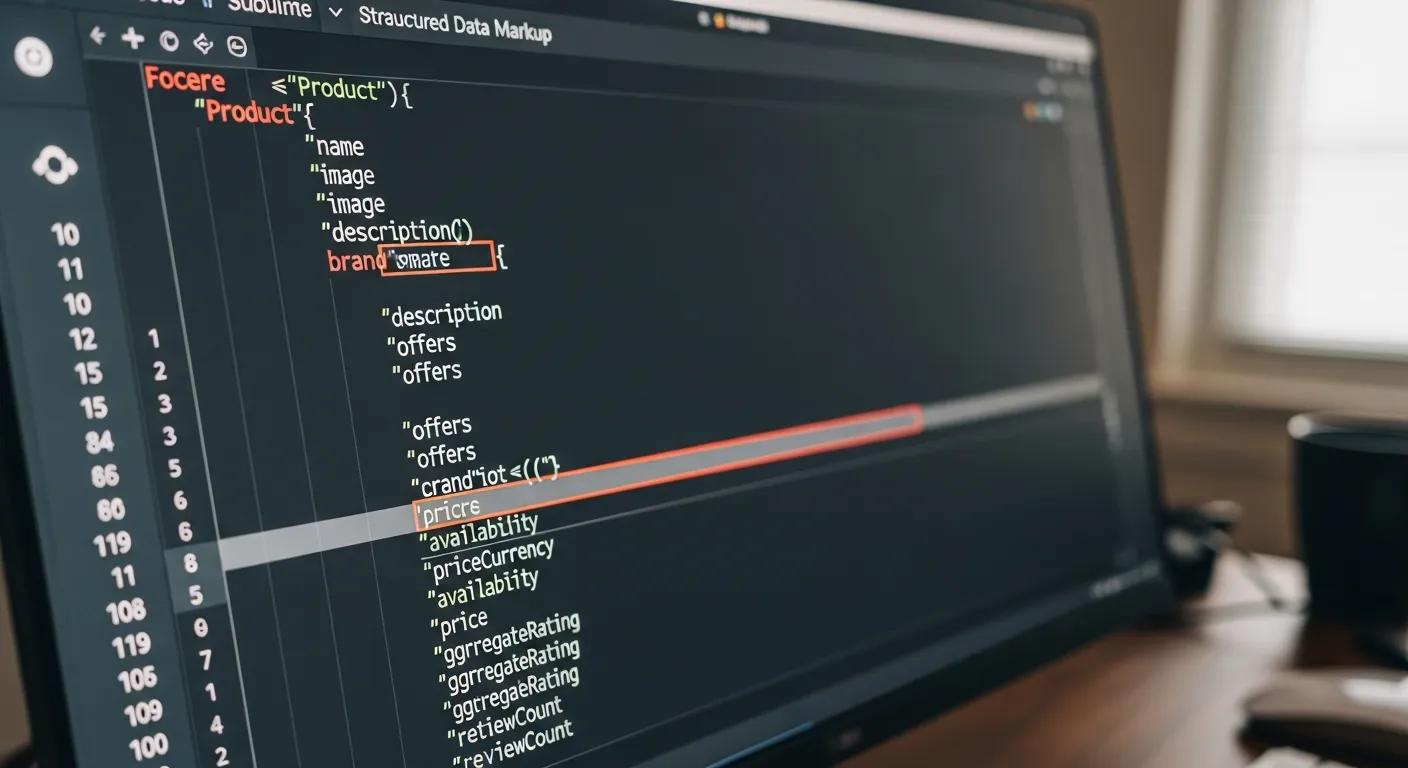 A close-up view of structured data markup code for Shopify product pages displayed on a computer screen, emphasizing its SEO implementation