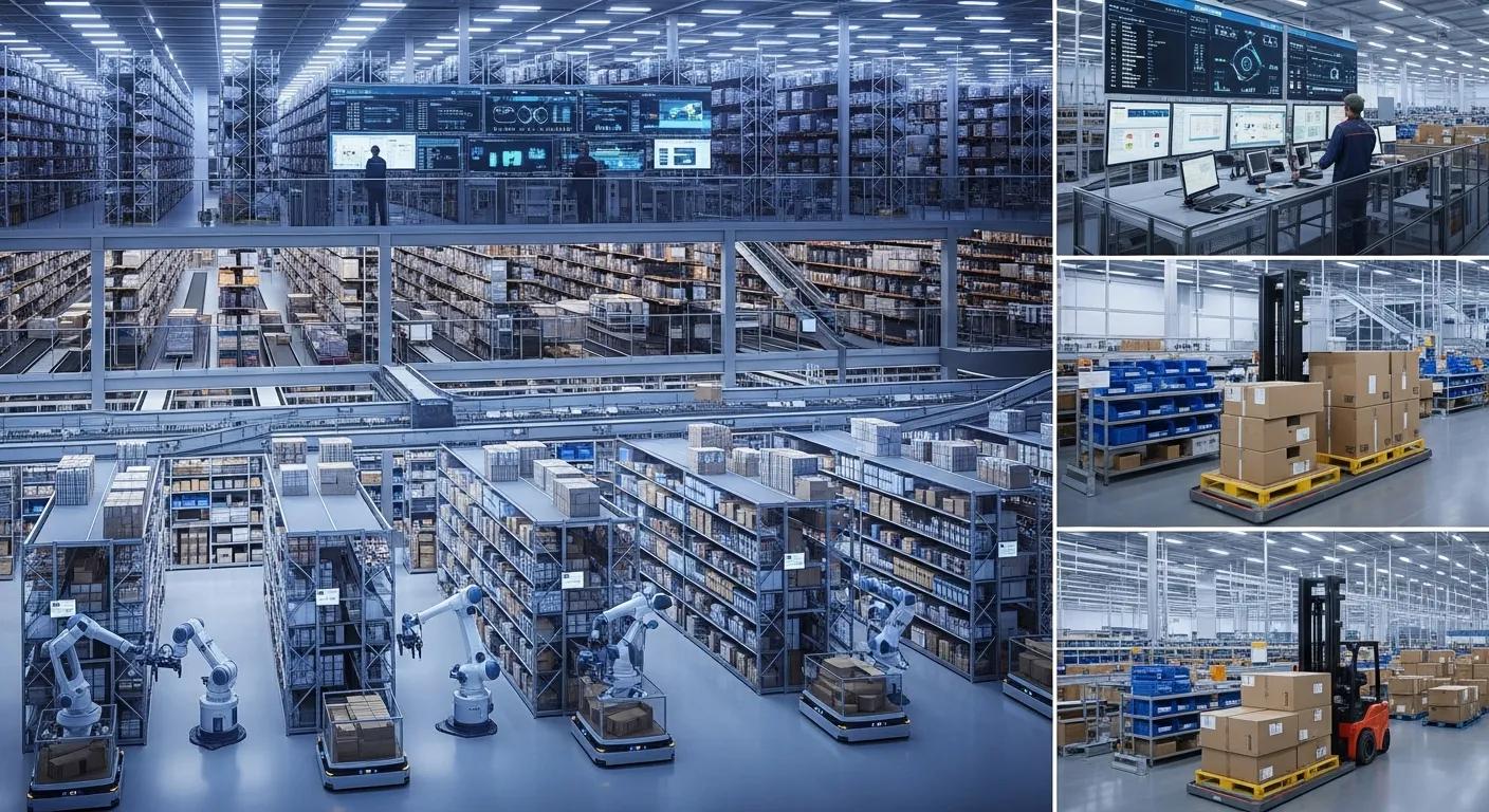 An advanced e-commerce warehouse demonstrating highly efficient inventory management and order fulfillment processes