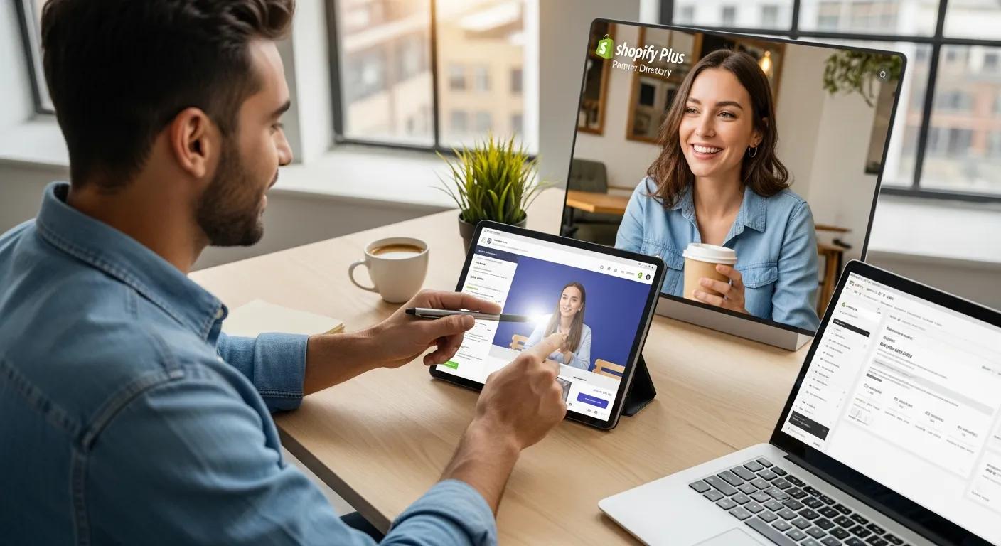 A merchant actively engaging with a partner via a digital device, illustrating the seamless connection process within the Shopify Plus Partner Directory