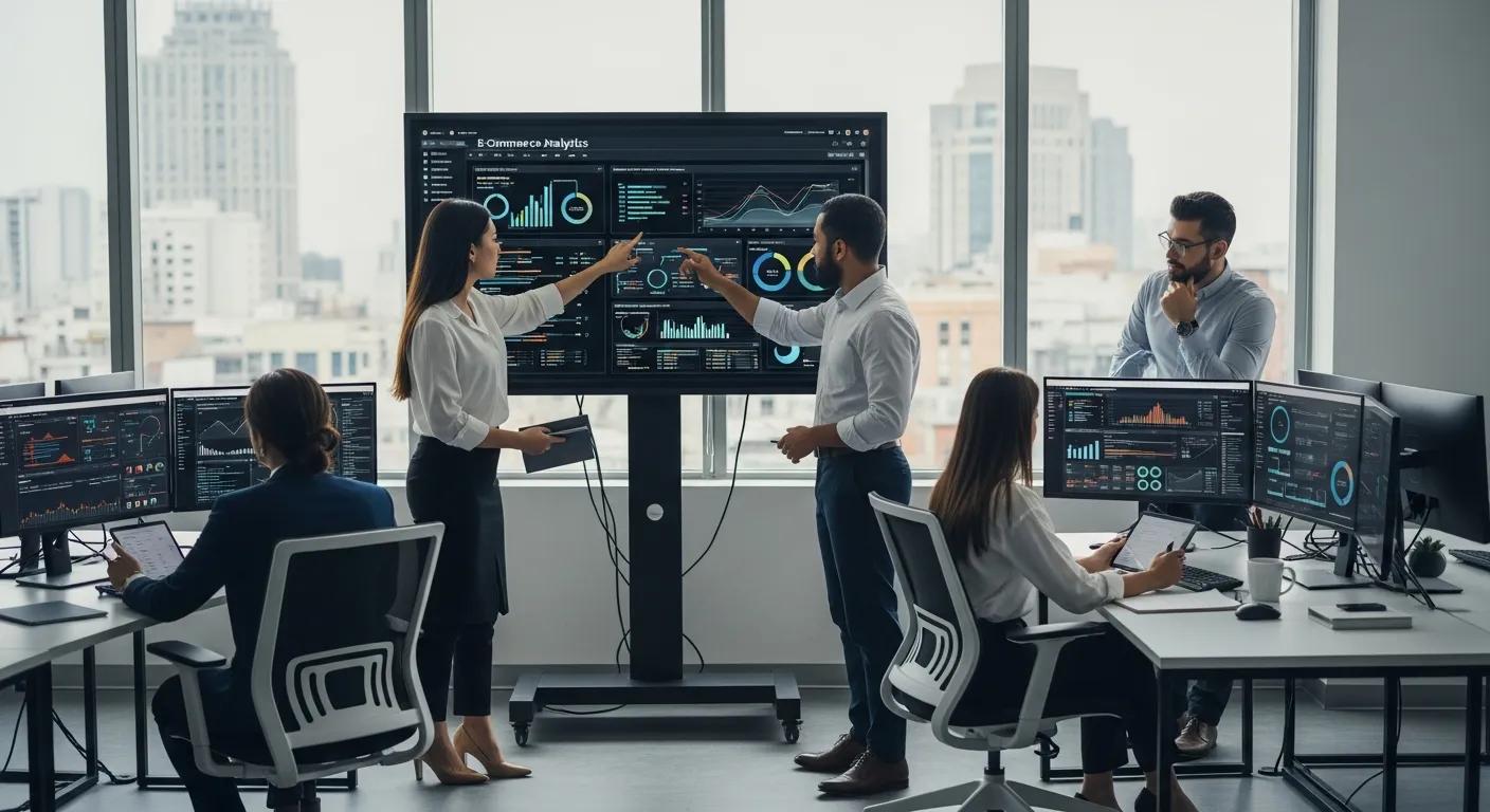 Team meticulously dissecting competitive intelligence data within a sleek, modern office setting, emphasizing strategic e-commerce analysis