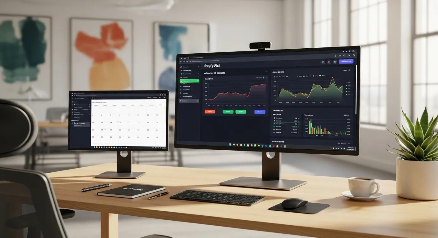 A sleek, modern workspace displaying the Shopify Plus dashboard with advanced data analytics