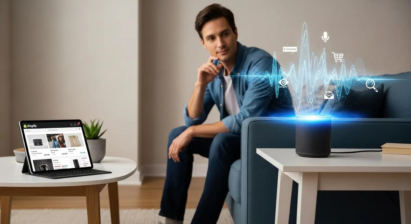 A person engaging with a smart speaker in a modern home, symbolizing the power of voice search optimization for Shopify stores