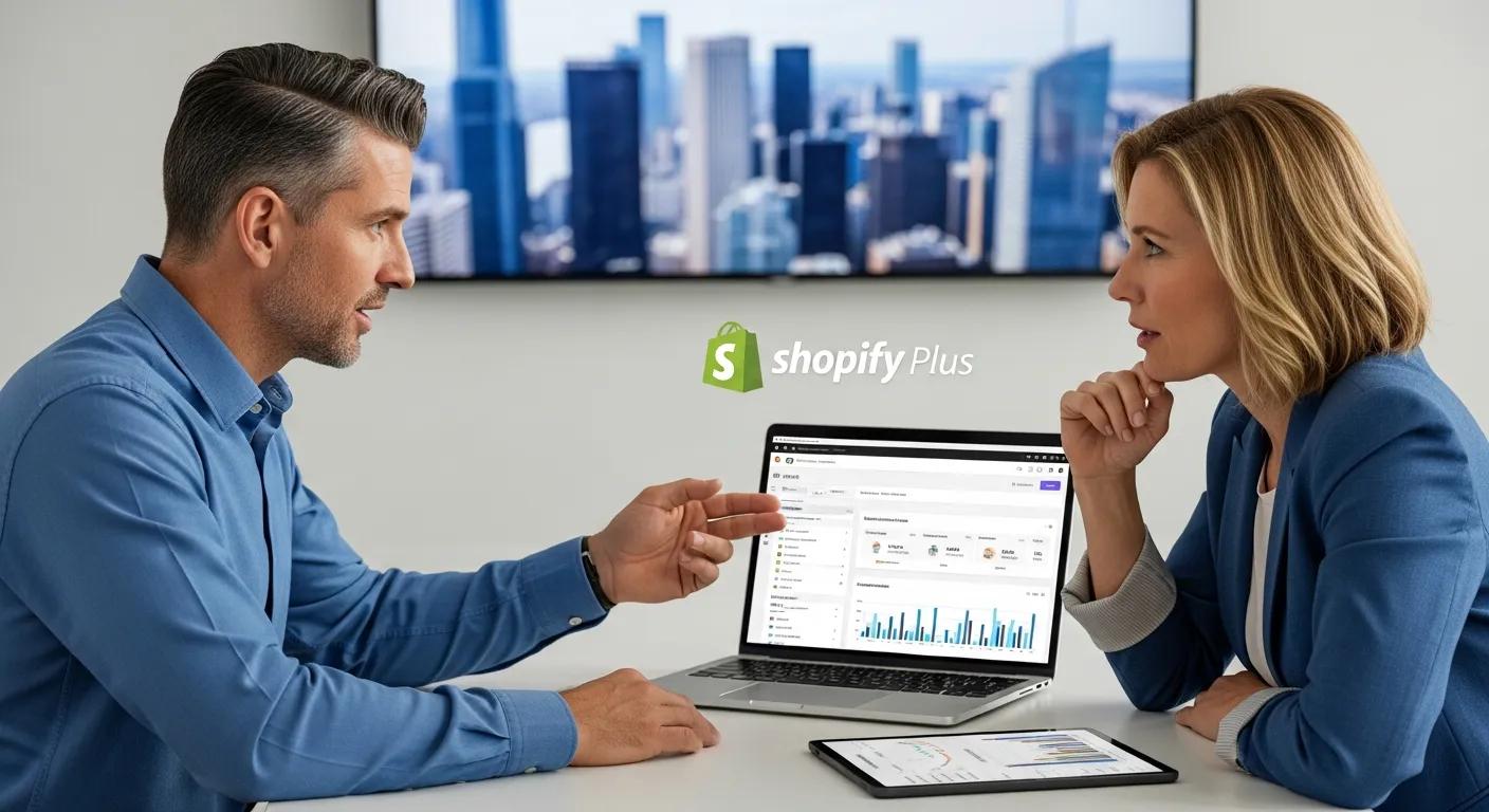 Business owner discussing B2B strategies with a client on Shopify Plus