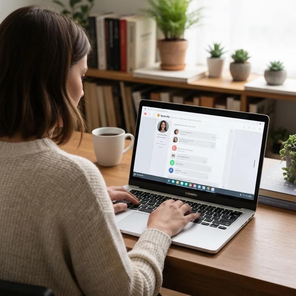 A merchant actively engages with Shopify support via live chat on their laptop in a comfortable home office setting.
