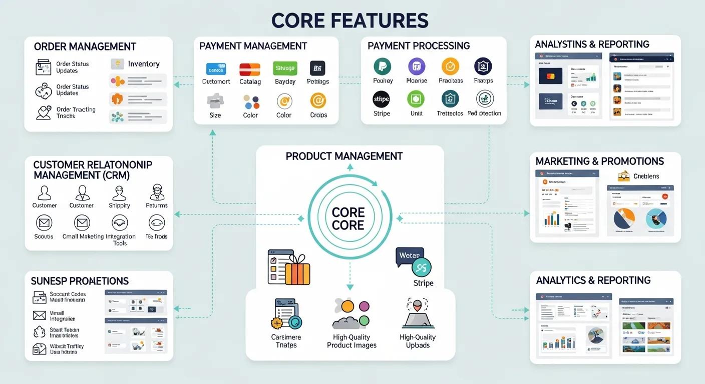 Visual breakdown of essential e-commerce features, including product management and payment processing systems