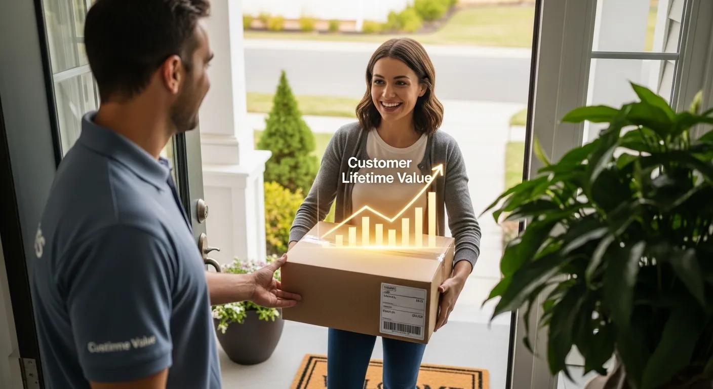 Happy customer receiving a package at home, illustrating the importance of Customer Lifetime Value