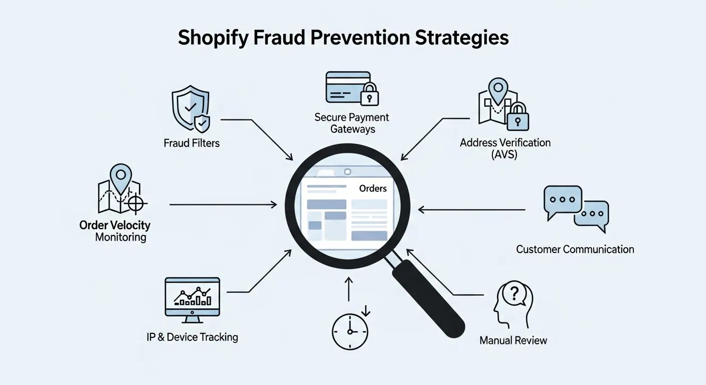 A visual guide to fraud prevention strategies for Shopify stores, featuring a magnifying glass and relevant icons