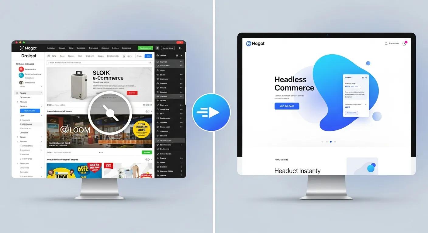 Side-by-side comparison of a traditional e-commerce storefront and a headless commerce interface, emphasizing speed and user experience enhancements