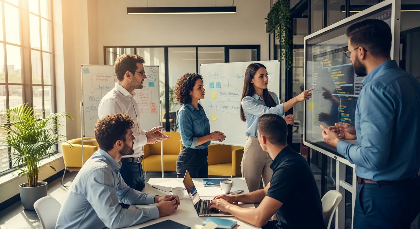 A team actively collaborating in a modern workspace to boost project efficiency