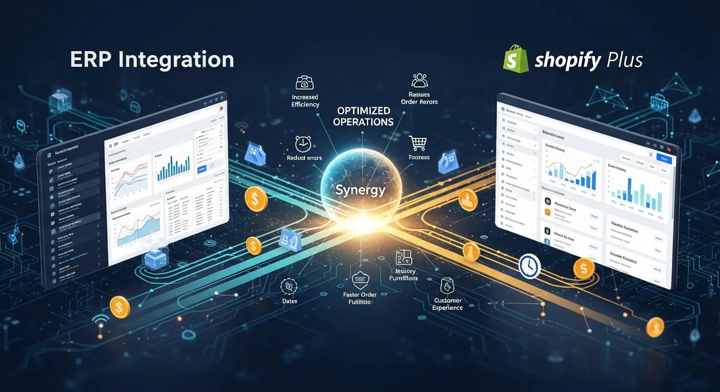 Visualizing the powerful synergy of ERP integration with Shopify Plus, demonstrating seamless data flow and amplified operational efficiency