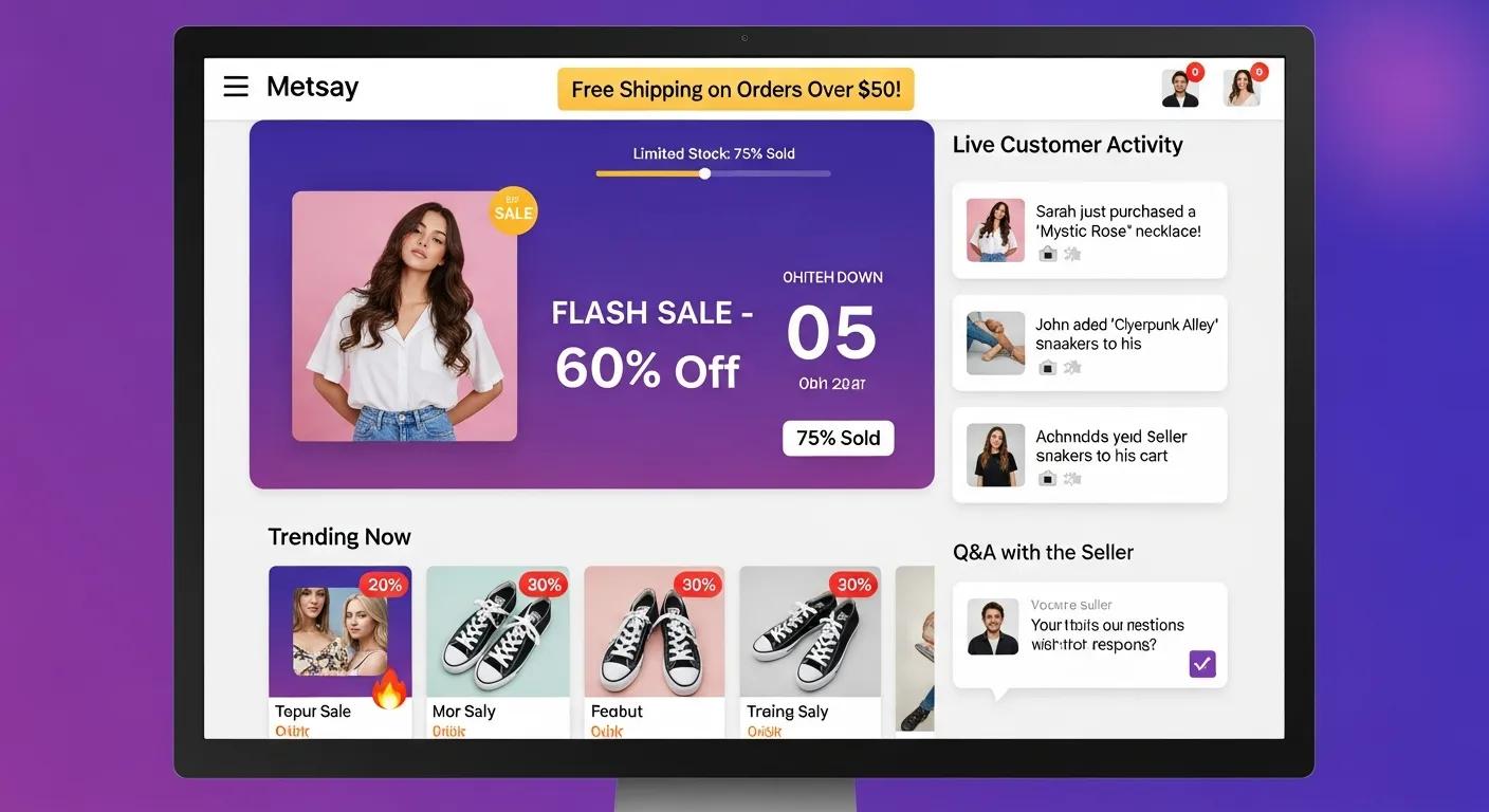 Dynamic online store interface during a high-traffic flash sale, highlighting customer engagement features
