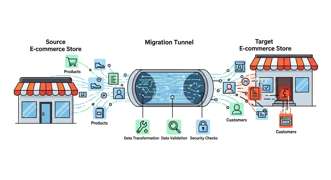 Illustration of data migration process for ecommerce store including products and customers