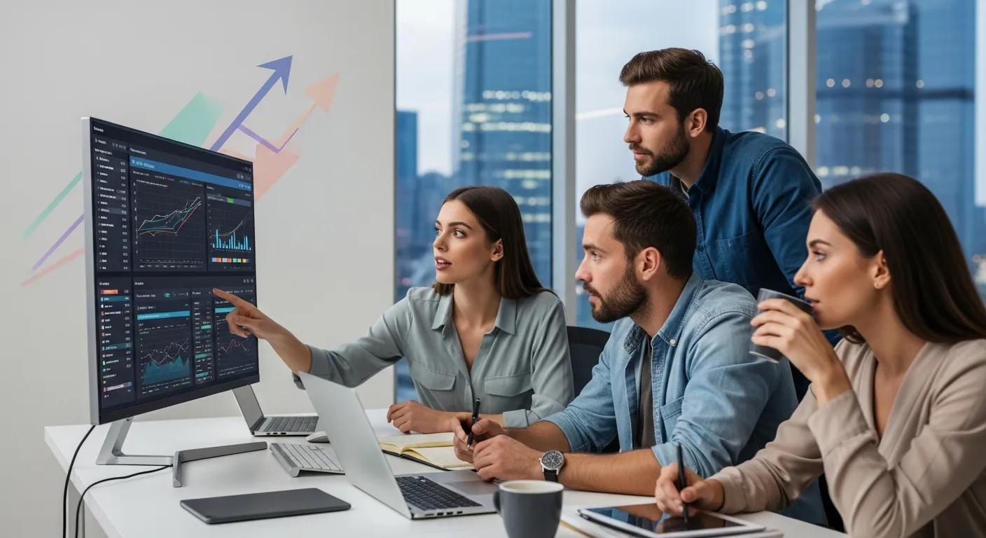 A focused team of e-commerce marketers meticulously analyzing performance data in a contemporary workspace, symbolizing accelerated business growth.