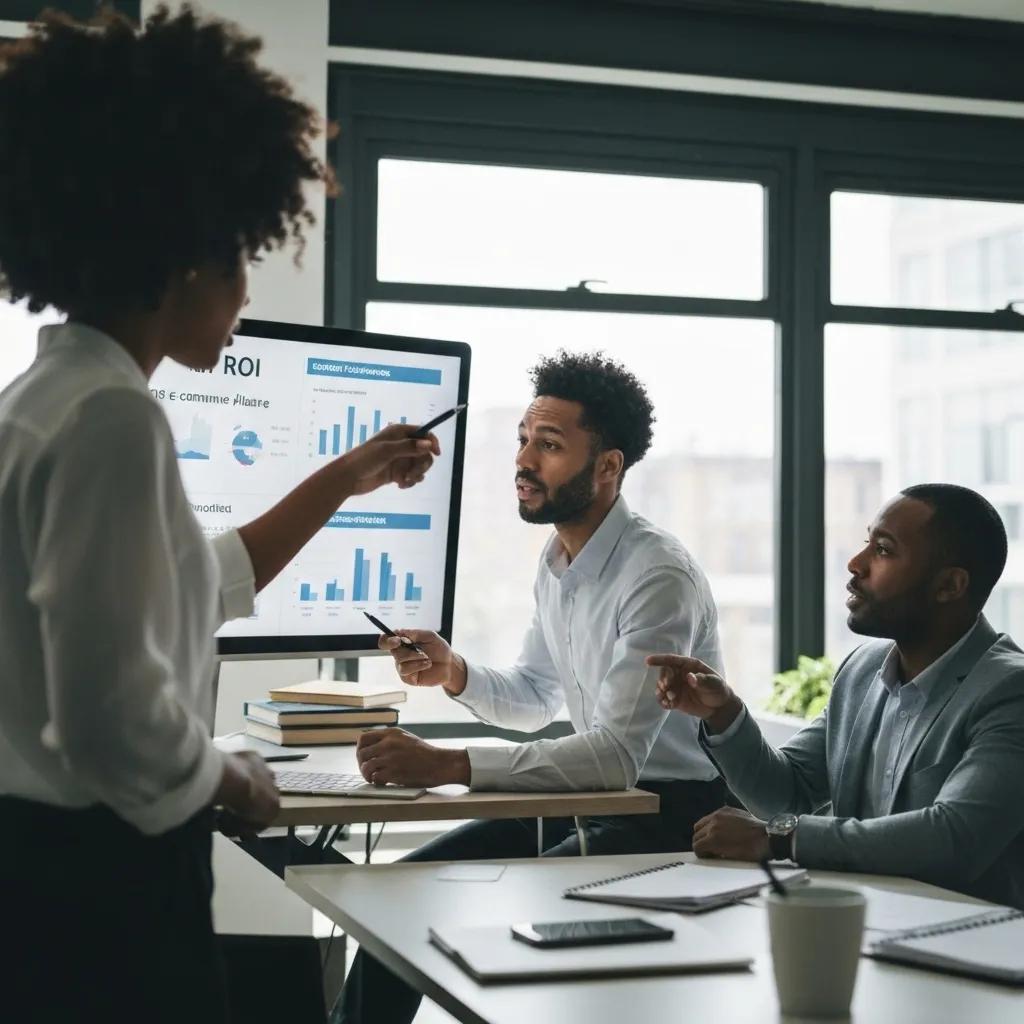 A business team collaborating in a modern office, analyzing charts and data related to e-commerce performance and ROI
