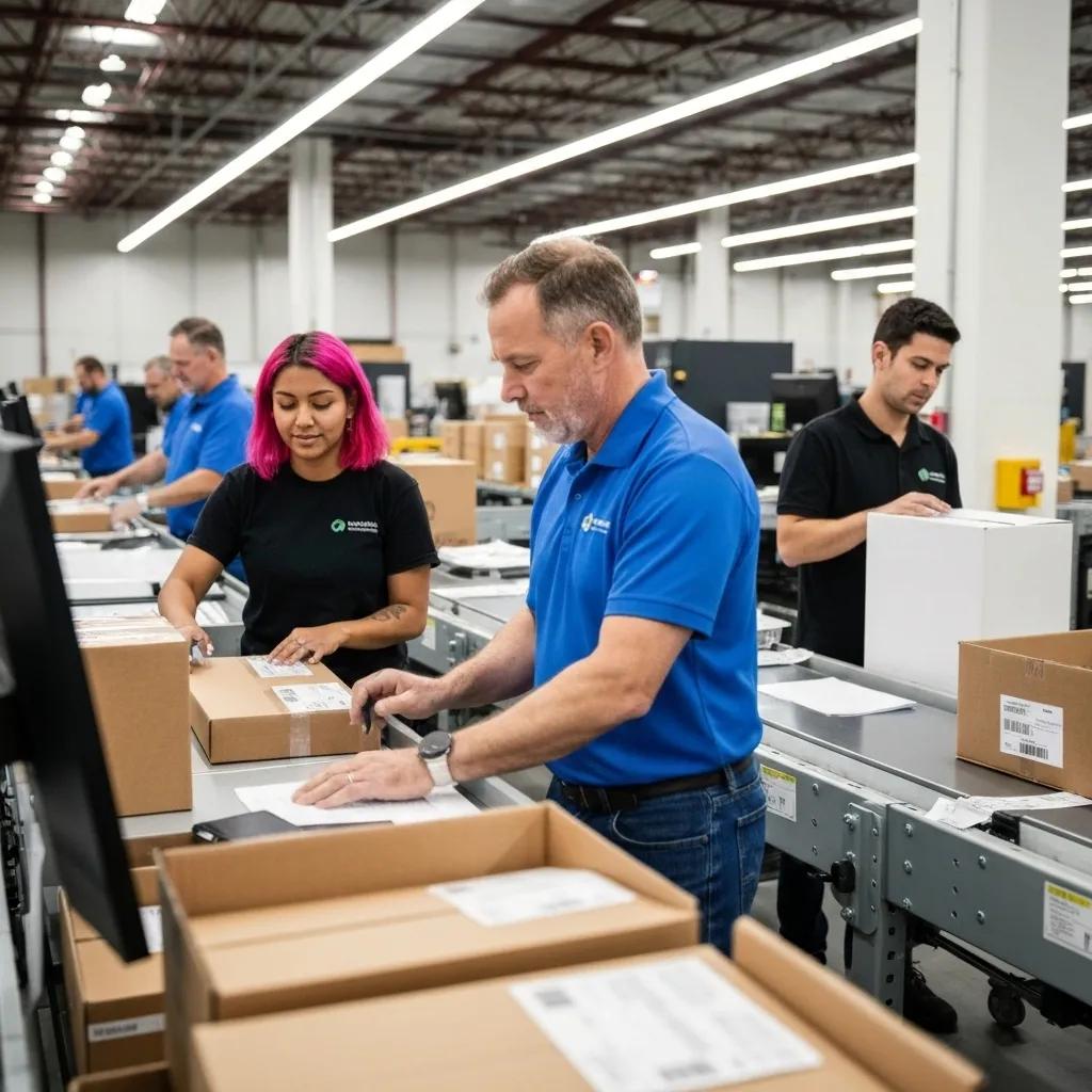 A bustling e-commerce fulfillment center in action, illustrating the immense scalability and performance capabilities of Shopify Plus