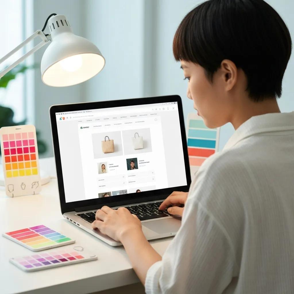 A person easily customizing a Shopify theme on their laptop, highlighting the intuitive design tools available.