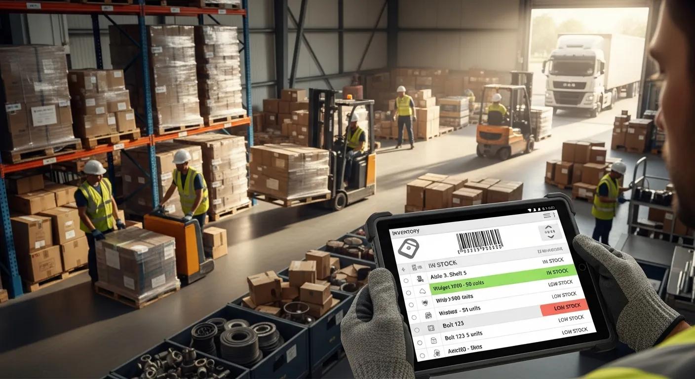 Warehouse operations with a tablet displaying inventory data