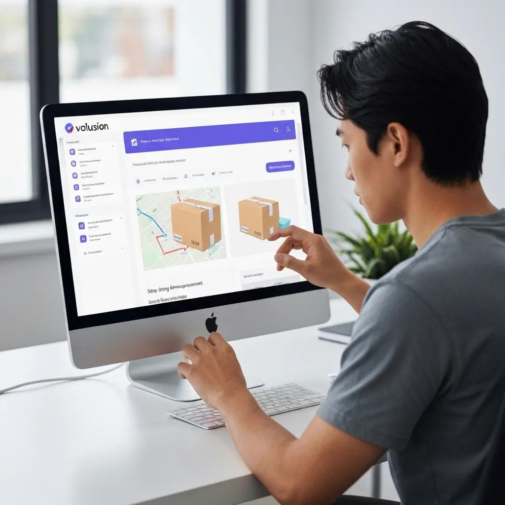 User interacting with Volusion shipping interface, showcasing shipping capabilities and management simplicity