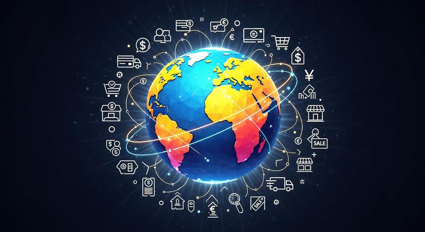 A stylized globe surrounded by interconnected e-commerce icons, symbolizing expansive global reach and market penetration