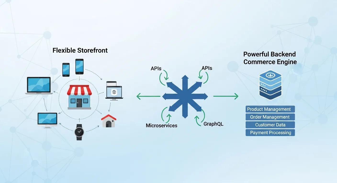 Conceptual diagram illustrating headless commerce architecture, connecting a flexible storefront to a powerful backend commerce engine