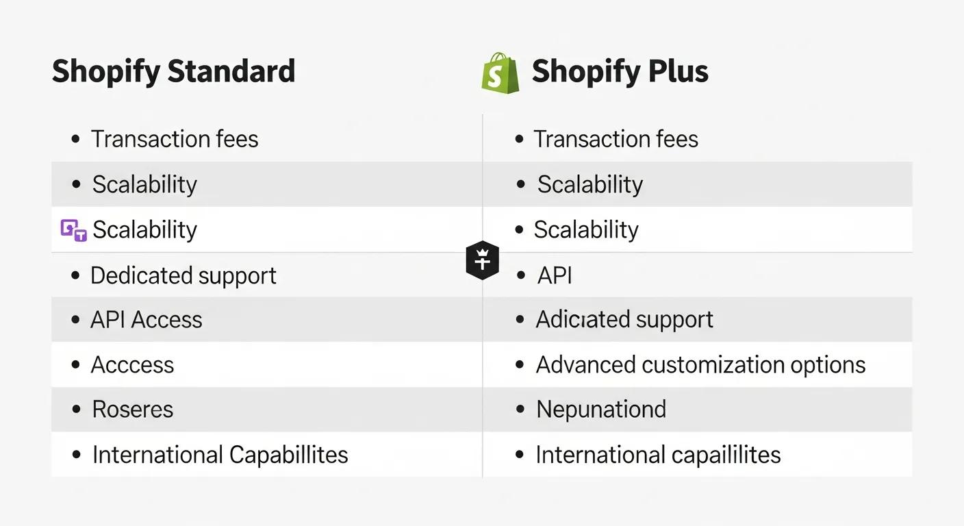 Side-by-side comparison of Shopify Plus and Standard Shopify features, highlighting key differences