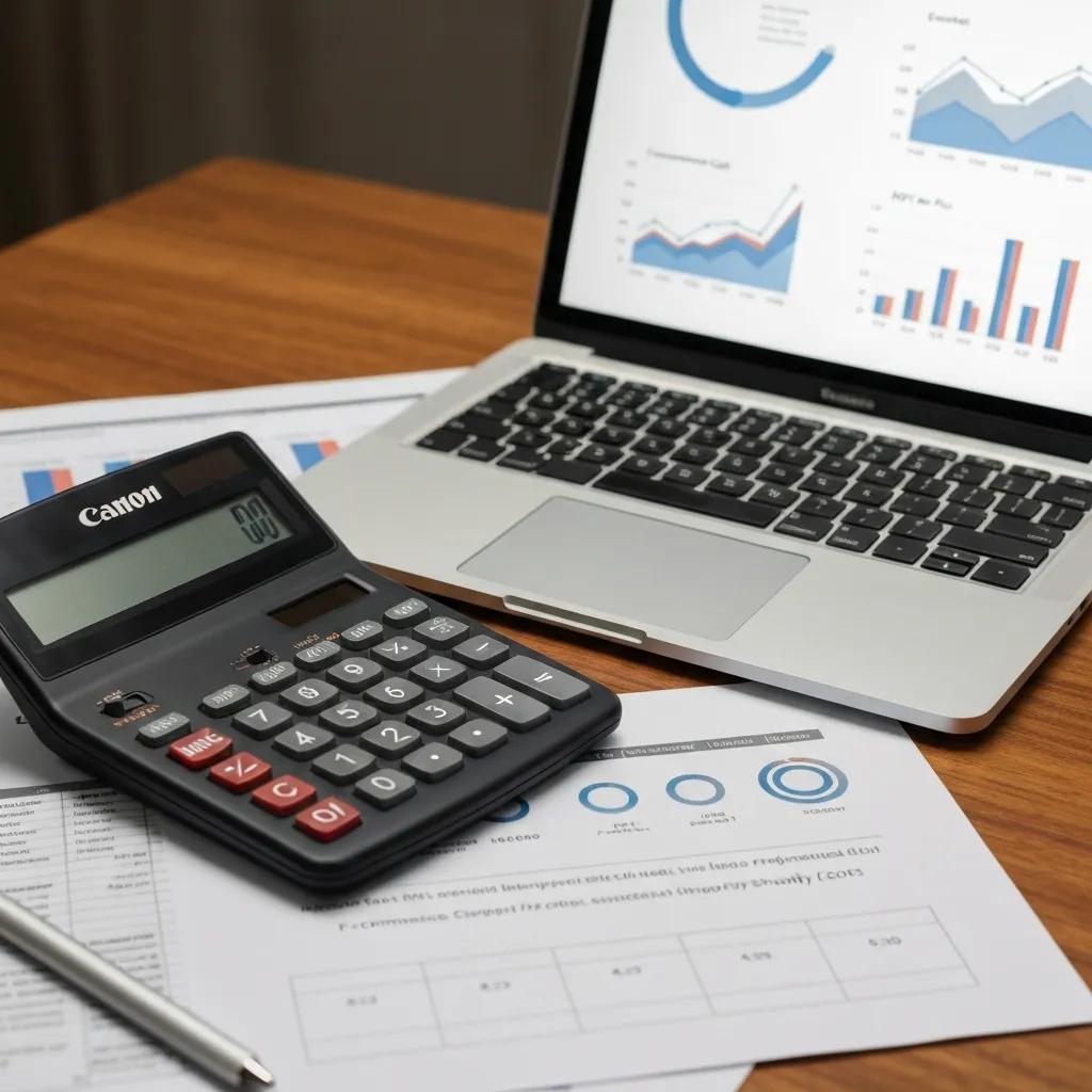A calculator and financial documents on a desk, illustrating the additional costs associated with Shopify Plus beyond the core platform fee