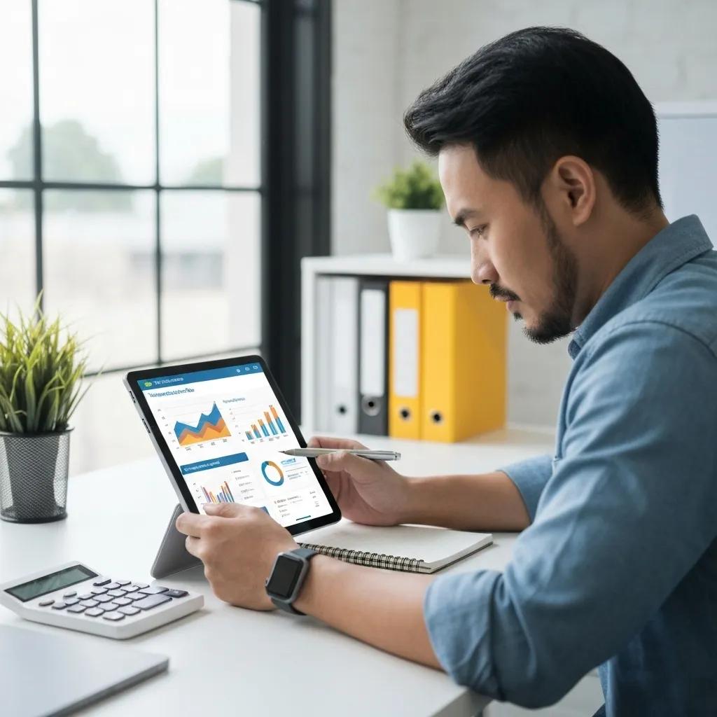Person intently analyzing Shopify transaction fees on a tablet within a meticulously organized workspace