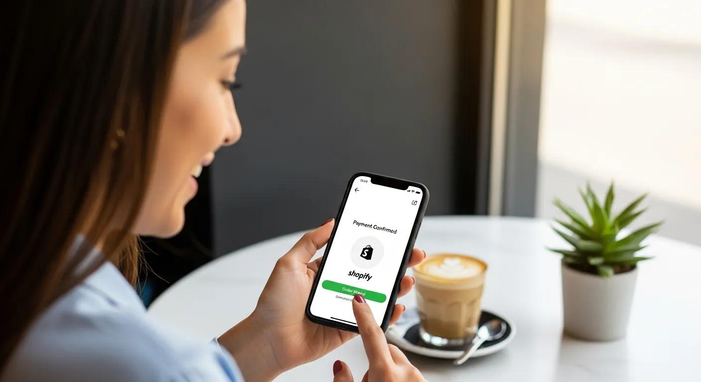 A delighted customer completing a seamless checkout experience using Shopify Payments on their mobile device.